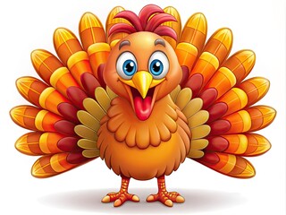 A bright orange and yellow cartoon turkey stands proudly with its feathers fluffed, sporting a big goofy smile and silly eyebrows on a white background.