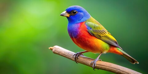 Obraz premium A Brightly-Colored Bunting Bird Perched On A Branch With A Blurred Green Background