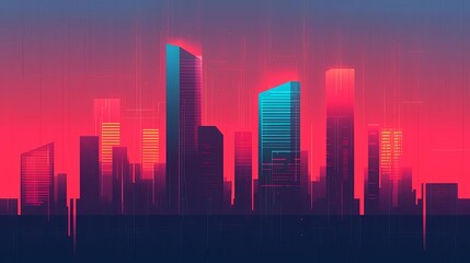 Futuristic city skyline with vibrant colors and modern skyscrapers under a sunset sky, creating an abstract urban atmosphere.