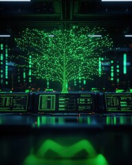Fototapeta premium A futuristic green digital tree stands in a tech-filled environment, symbolizing growth and innovation in a cybernetic realm.