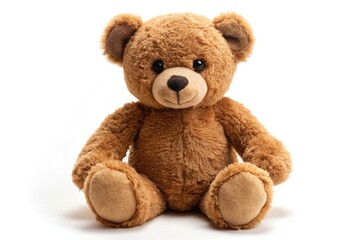 Obraz premium A Brown Teddy Bear Sits Upright On A White Background, With Its Head Tilted And A Friendly Expression.