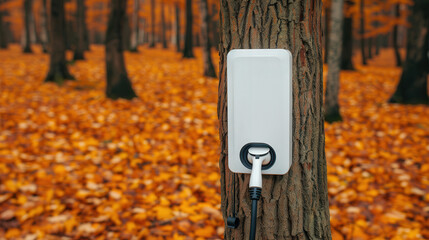 Autumn Forest EV Charger, vibrant foliage surrounds a tree-mounted electric vehicle charger, showcasing eco-friendly technology amidst nature's colorful transformation.