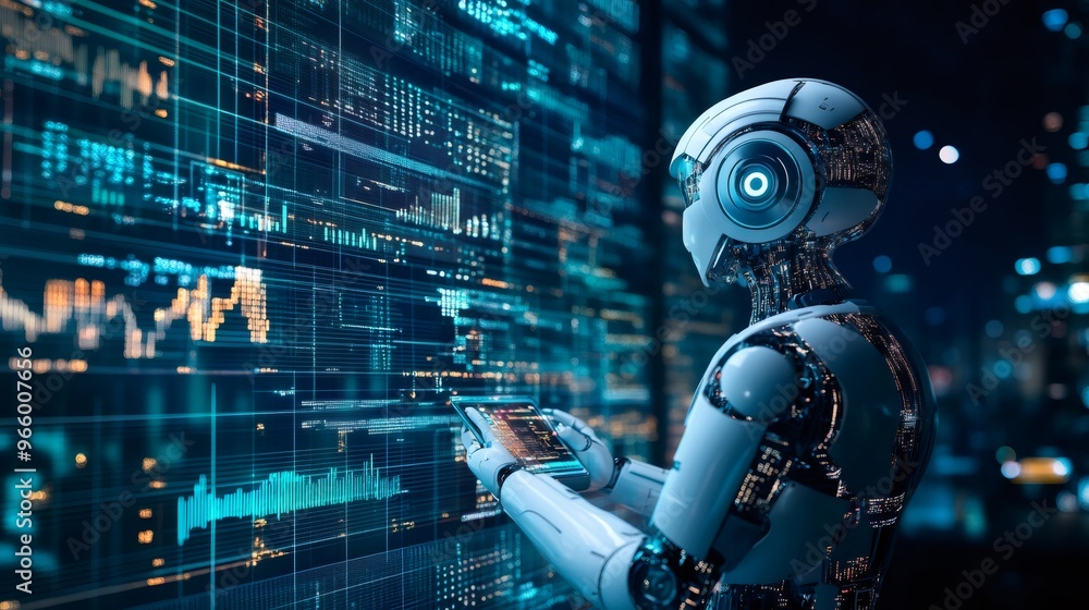 Poster a humanoid robot examines data on a digital screen with a city in the background.