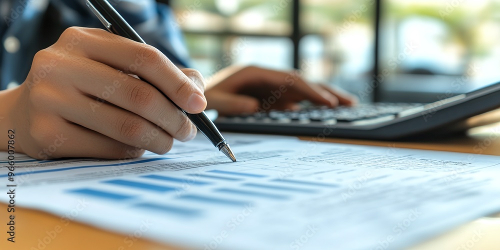 Poster financial analyst working on audit and internal control systems at a modern office ensuring complian