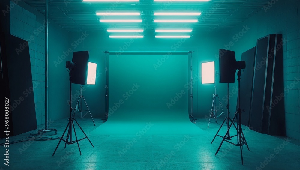 Poster illuminated studio environment with bright lights creating a foggy atmosphere for creative projects