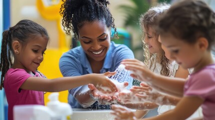 Teacher Helping Children Wash Hands with Soap in a Fun and Educational Activity