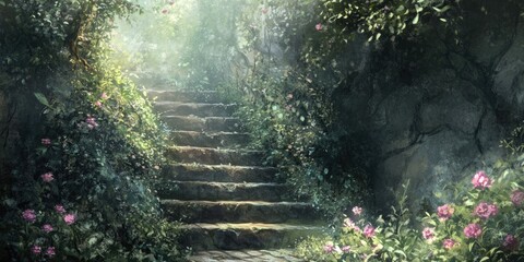 Obraz premium Sunlit Stone Steps Leading Through Lush Foliage