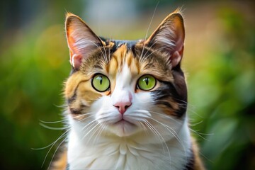 A Close-Up Of A Beautiful Calico Cat With Its Head Slightly Tilted To The Side.
