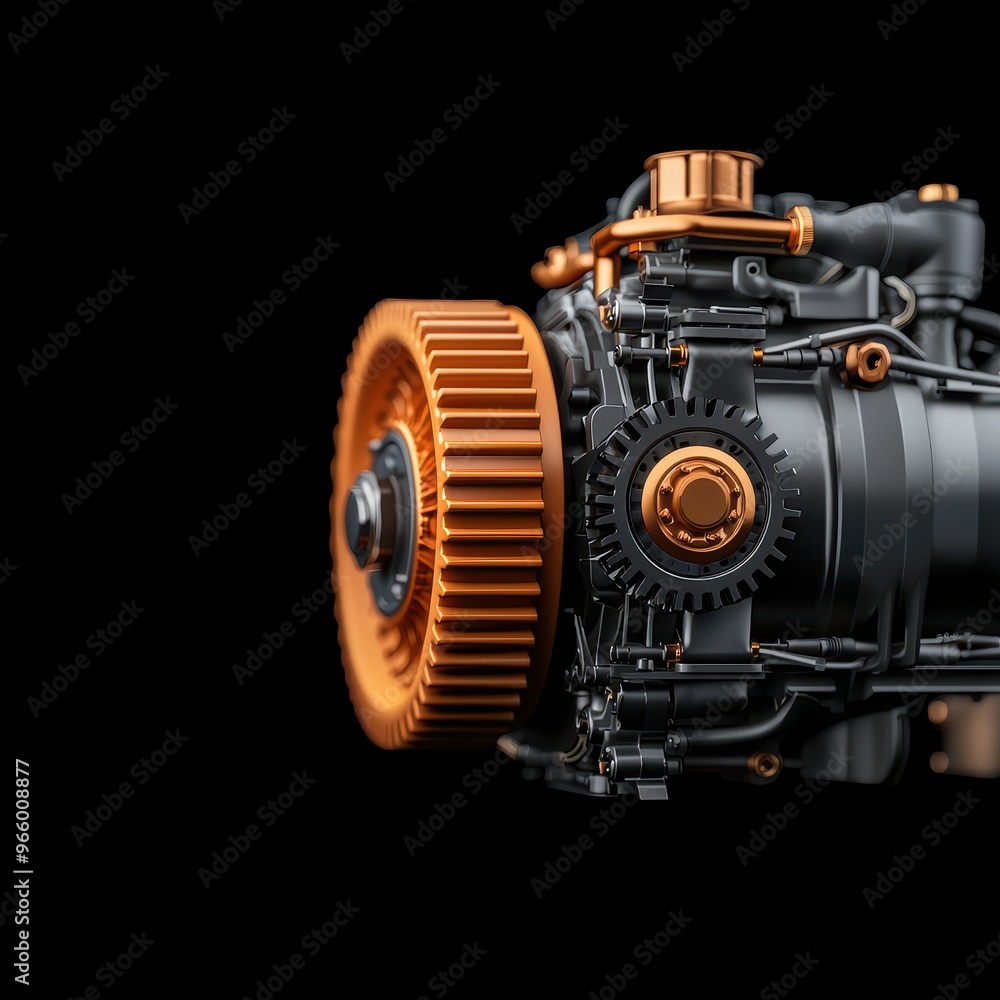 Poster a detailed close-up of a modern engine showcasing intricate components and a striking orange and bla