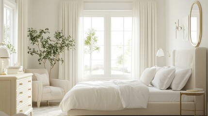 A bright bedroom featuring a double bed, elegant decor, and large windows, offering a peaceful and airy living space.