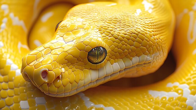 Serene Elegance - Close-up Yellow Python with Mesmerizing Patterns, Hyper-realistic Cinematic Style, High-quality Reptile Portrait Photography