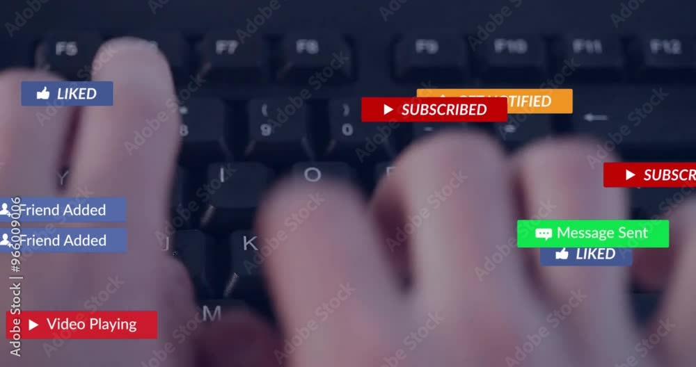 Poster animation of social media icons with texts over hands typing on keyboard