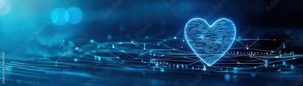 Poster a glowing digital heart symbol representing technology and love, surrounded by interconnected lines 