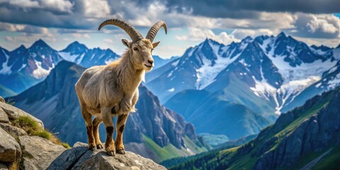 Obraz premium A Close-Up Of A Large-Horned Mountain Goat With A Rugged Beard Standing On A Rocky Cliff With A Majestic Mountain Range In The Distance.