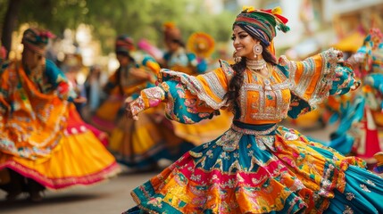 Naklejka premium Outdoor Festival Scene with Traditional Dancers Performing in Vibrant Costumes