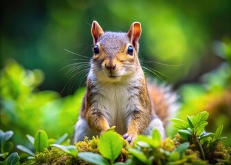 Obraz premium A Close-Up Photograph Of A Squirrel In Its Natural Habitat, Surrounded By Lush Vegetation And A Blurred Background