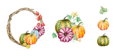 Watercolor autumn wreath set with pumpkins and fall leaves