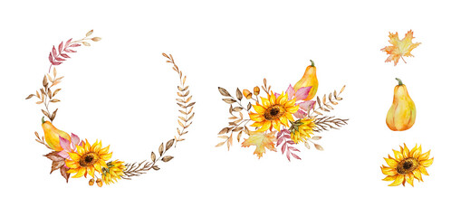 Watercolor autumn wreath set with pumpkins and fall leaves