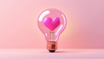 Creative concept of a pink lightbulb with a heart inside, symbolizing love, innovation, and bright ideas in a minimalistic and artistic style.
