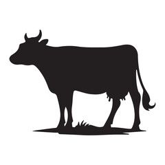 Silhouette of Cow, silhouette or illustration of a cow or buffalo, Ideal for farm, ranch branding. Perfect for logos, decals. Black, white background. 