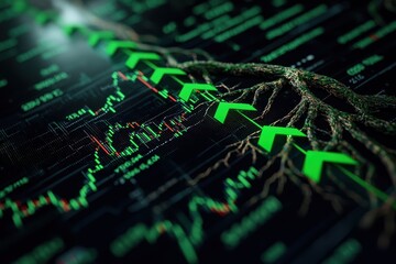 Obraz premium Digital abstract representation of growth with upward arrows and financial charts in green, symbolizing progress and investment.