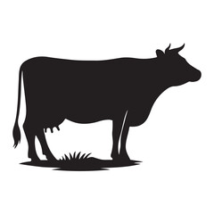 Silhouette of Cow, silhouette or illustration of a cow or buffalo, Ideal for farm, ranch branding. Perfect for logos, decals. Black, white background. 
