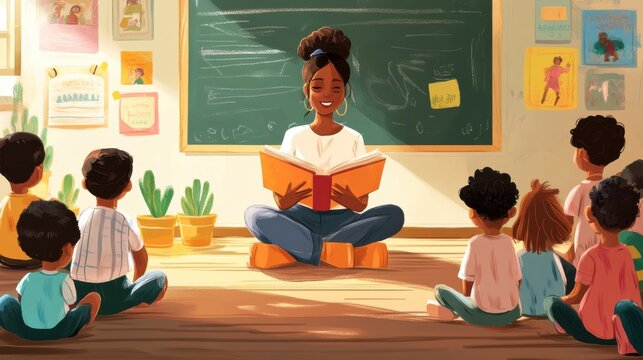 Mindful Black female teacher reading a story to curious kids sitting