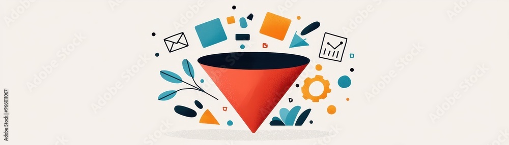 Poster a vibrant illustration of a funnel surrounded by colorful icons representing data flow and analytics