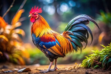 Fototapeta premium A Colorful, Vibrant Photograph Of A Majestic Cockerel Bird Standing Proudly In A Rural Setting, With Its Feathers Ruffled And Its Beak Slightly Parted.