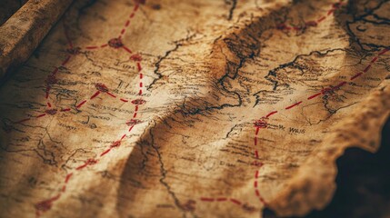 Fototapeta premium Old, worn map with travel routes marked in red ink, showing an explorer journey.
