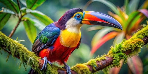 Obraz premium A Colorful Cartoonish Bird With A Large Curved Beak And Bright Feathers Is Perched On A Tree Branch.