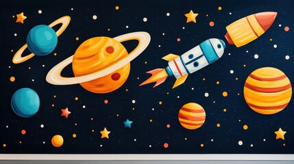 A vibrant space mural featuring planets, rockets, and stars, perfect for inspiring creativity and exploration in children's rooms.