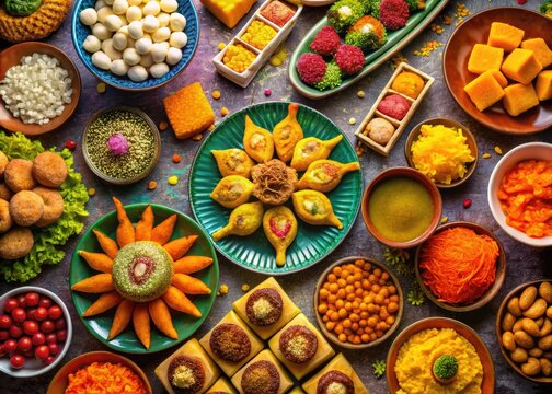 A Colorful Display Of Indian Sweets, Snacks, And Traditional Dishes For The Diwali Celebration, Arranged On A Vibrant Background.