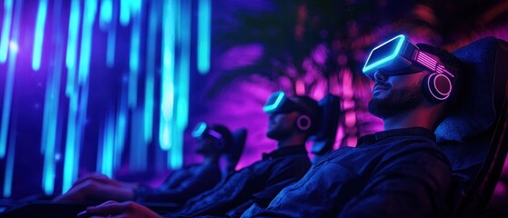 Obraz premium Three individuals experience virtual reality in a colorful, immersive setting, showcasing modern technology and entertainment.