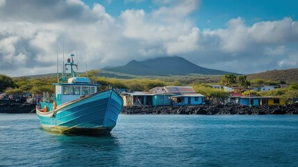 Fototapeta premium A fishing boat anchored near a Galapagos village, highlighting the community's connection to the sea.