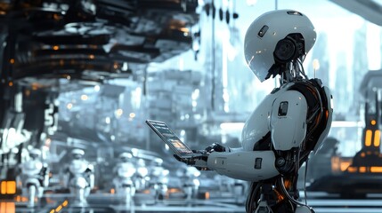 Fototapeta premium A humanoid robot with a sleek white exterior, holds a digital tablet in a futuristic, industrial setting.