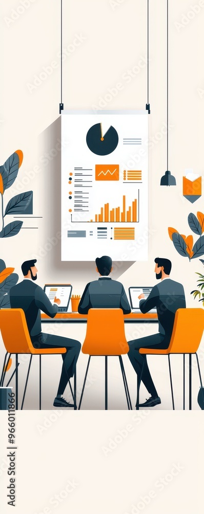 Aufkleber business meeting with three professionals analyzing charts and data in a modern office setting with 
