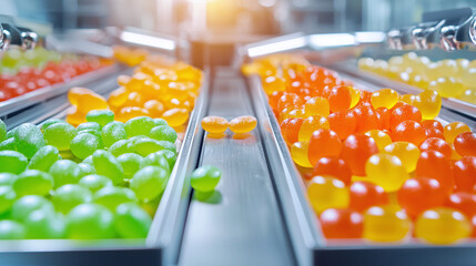 close-up details in a candy factory, showing candy-making processes and machinery