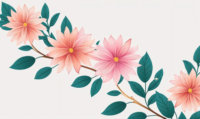 Obraz premium Pink flowers bloom on a branch with green leaves against a white background