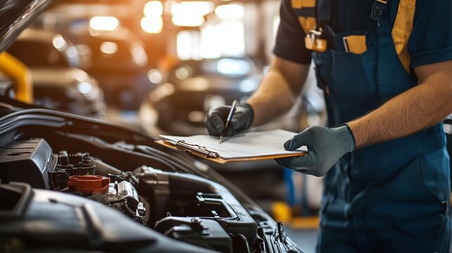 vehicle repair service with mechanic using clipboard for inspection and checking maintenance checklist in auto repair shop focusing on diagnostics and service work