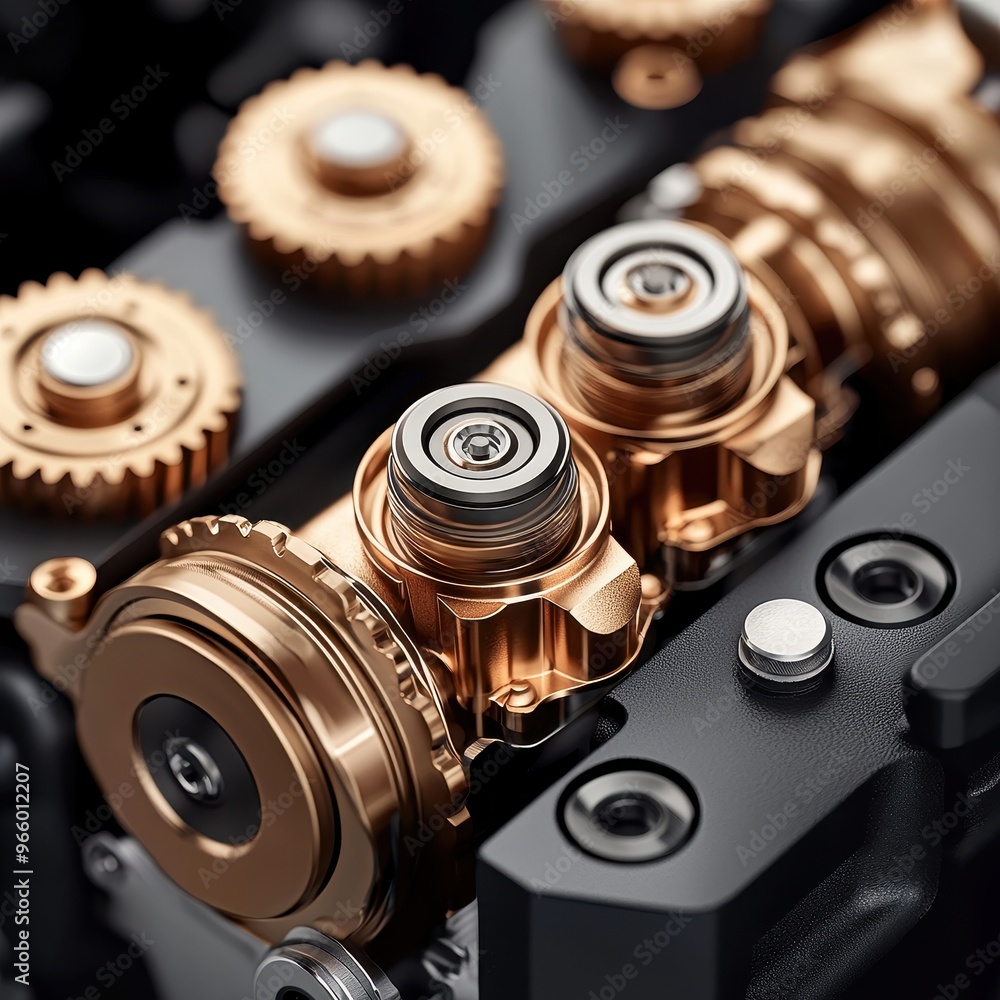 Poster close-up of a detailed mechanical engine component showcasing its intricate design and metallic fini