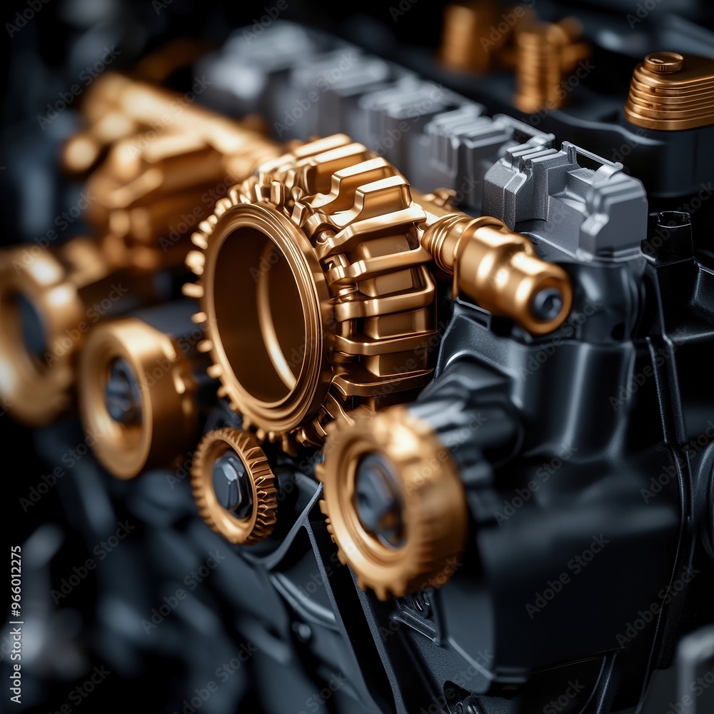 Poster close-up of a high-performance engine showcasing intricate metal components and gears, highlighting 