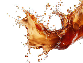 A cascading liquid brown soda or tea splash frozen, 3d texture isolated on a transparent background