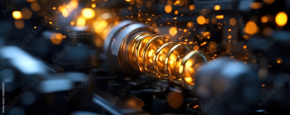 Poster close-up of a mechanical component with glowing sparks, highlighting engineering precision and innov