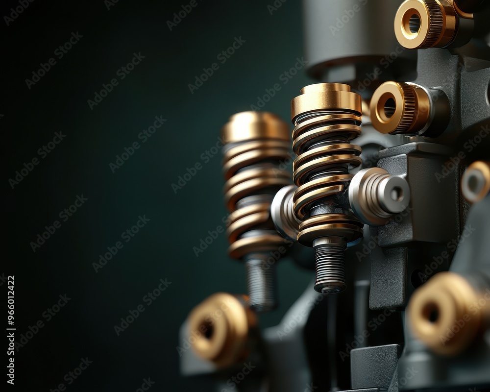 Poster close-up of a mechanical engine component showcasing intricate design and metallic textures.