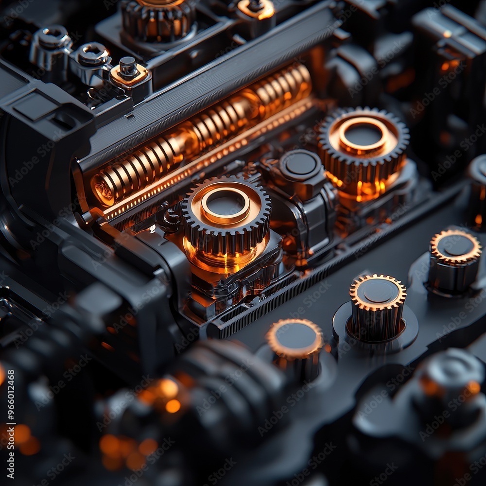 Poster close-up of a mechanical engine component with intricate gears and orange lighting, showcasing advan