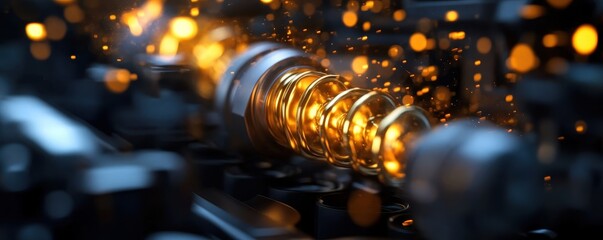 Close-up of a mechanical component with glowing sparks, highlighting engineering precision and innovation in machinery.
