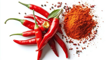 chili peppers and powder on white background with red hot and spicy flavor for seasoning and cooking offering fiery heat and dried chili perfect for enhancing food