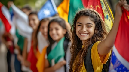 Naklejka premium Diverse Group of Cheerful Students Celebrating Multiculturalism with Flags