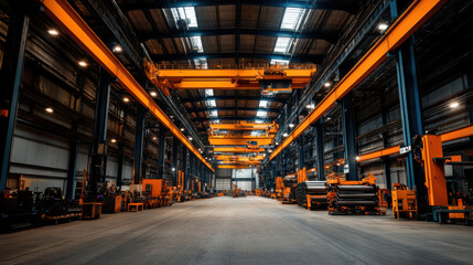 A spacious industrial warehouse featuring yellow overhead cranes, machinery, and large work areas in a well-lit environment.